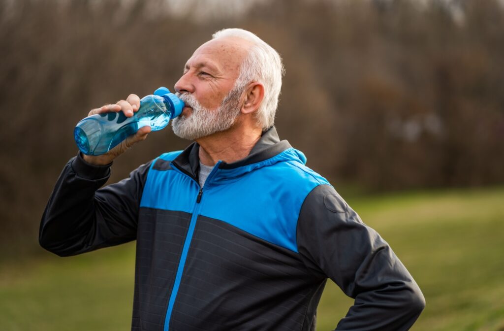An active senior drinks water from a blue bottle during a workout