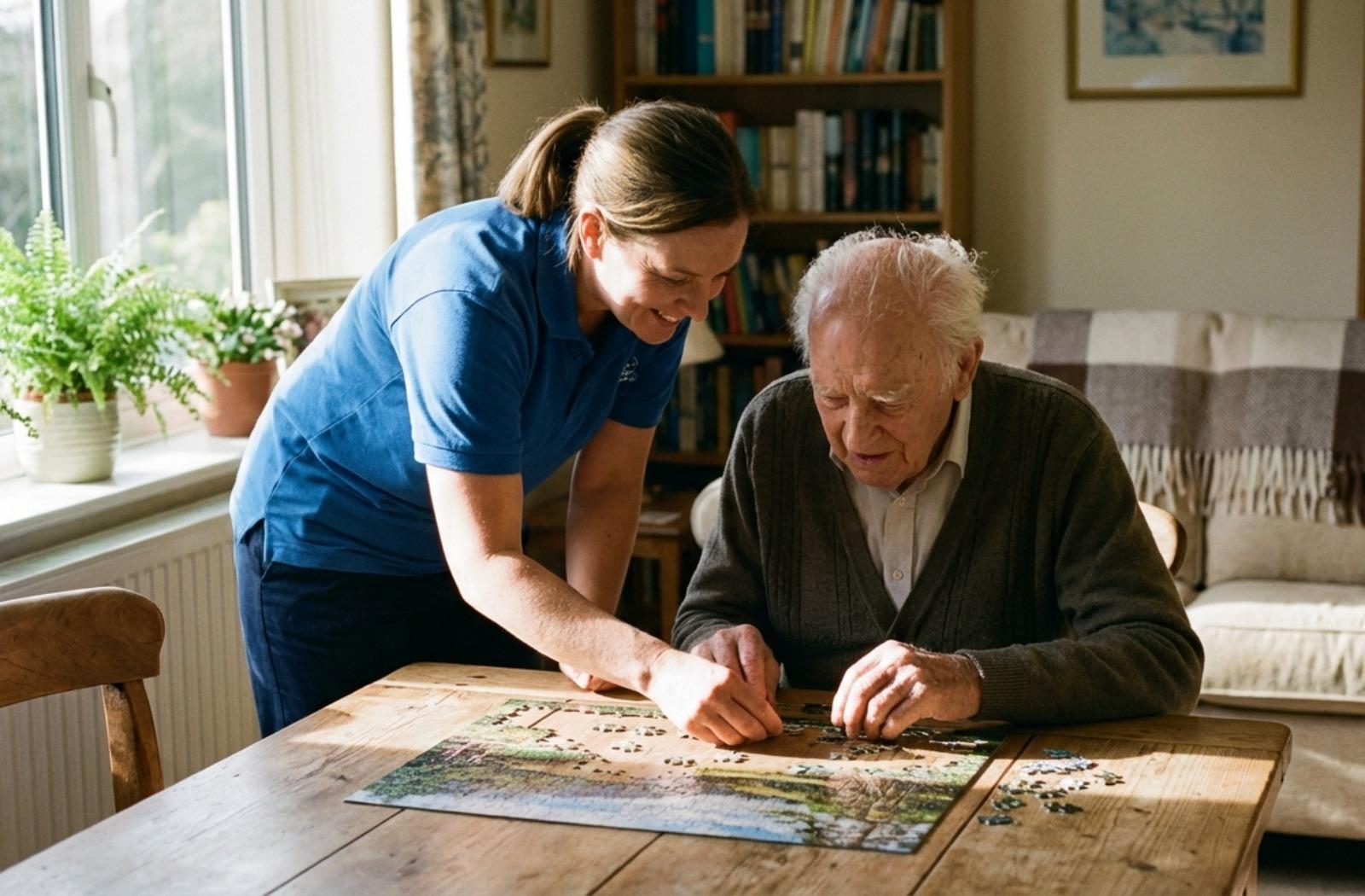 a carer helps a senior with a puzzle