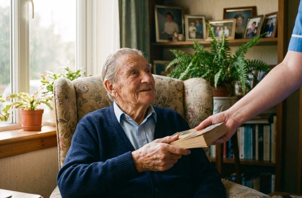a carer hands a book to a senior who is sitting on a couch