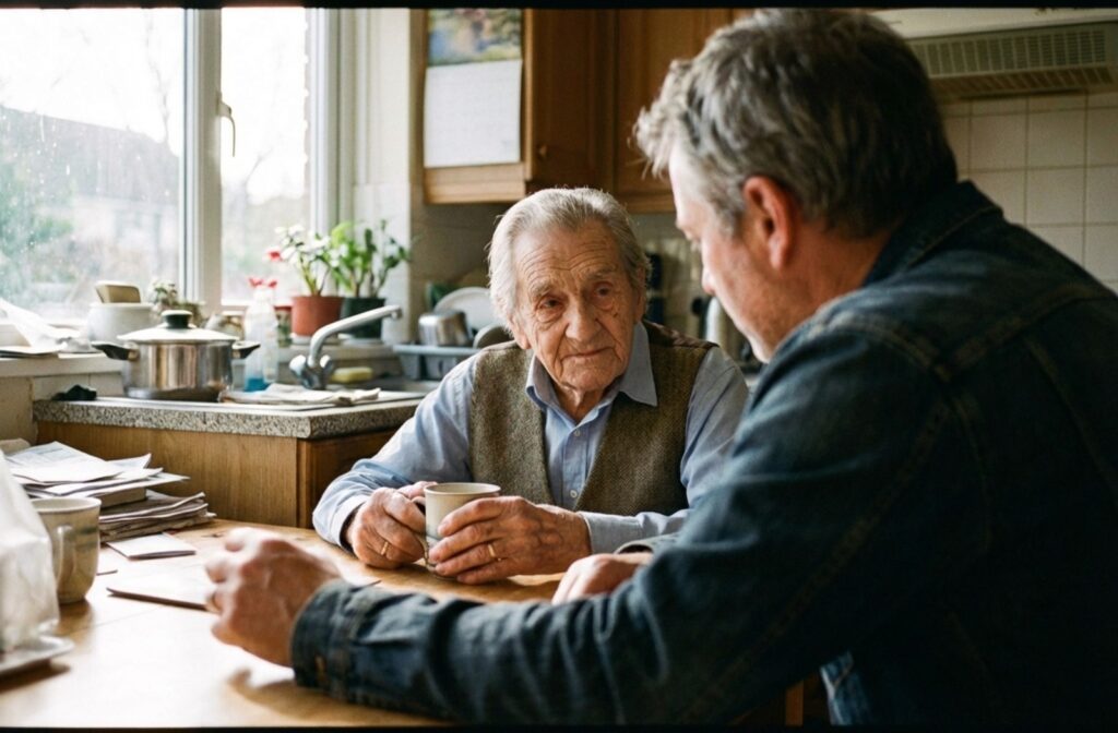 An adult leans forward at a kitchen table, engaging in a gentle conversation with an older person who holds a mug and listens intently.