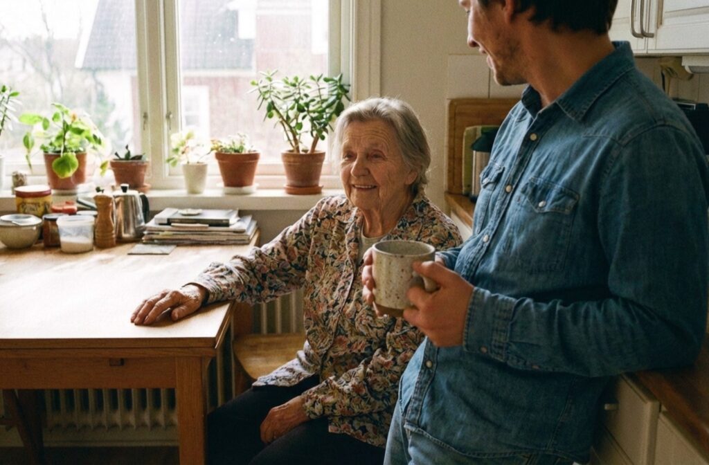 An adult speaking gently to a senior parent in a sunlit kitchen while holding a coffee mug.