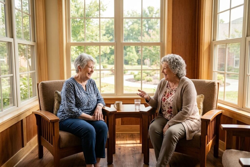 Two older adults sit in wooden armchairs by large windows, smiling and talking. A small table between them holds a mug and a glass of water.