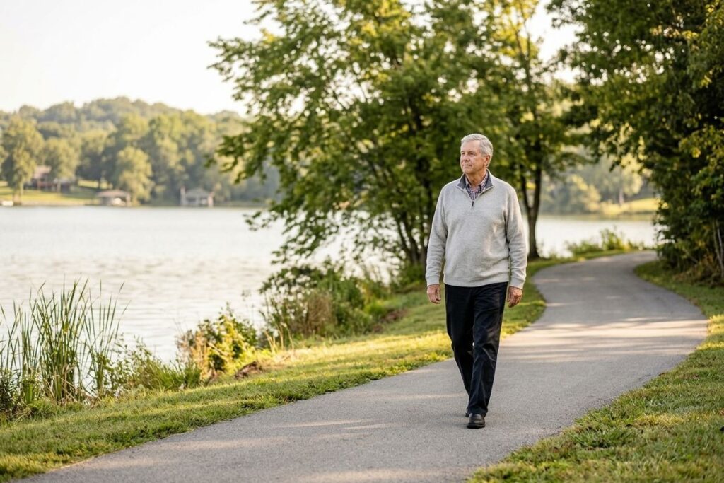 An older adult walks along a paved path beside a lake surrounded by trees, wearing a grey sweater.