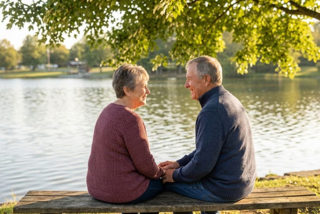 Two older adults sit on a bench by a lake, holding hands and smiling.