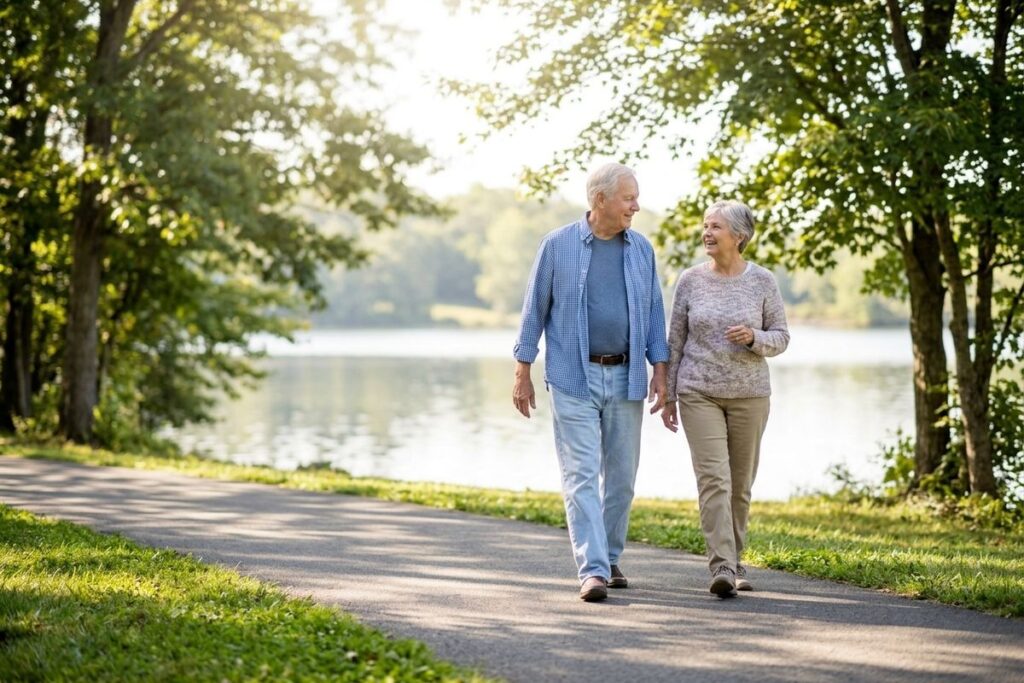 Two older adults walk together on a paved path beside a lake, surrounded by trees.