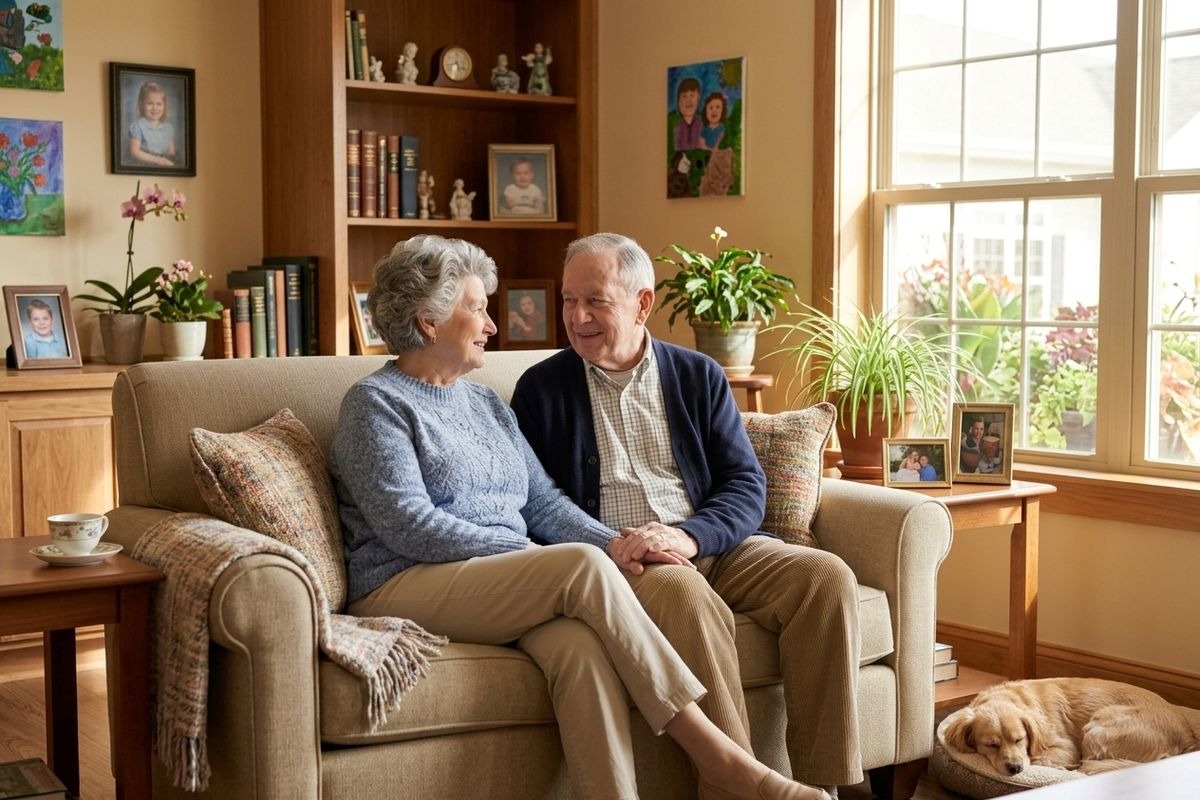 Two smiling older adults sit on a living room couch, holding hands and looking at each other. A dog sleeps on the floor nearby.