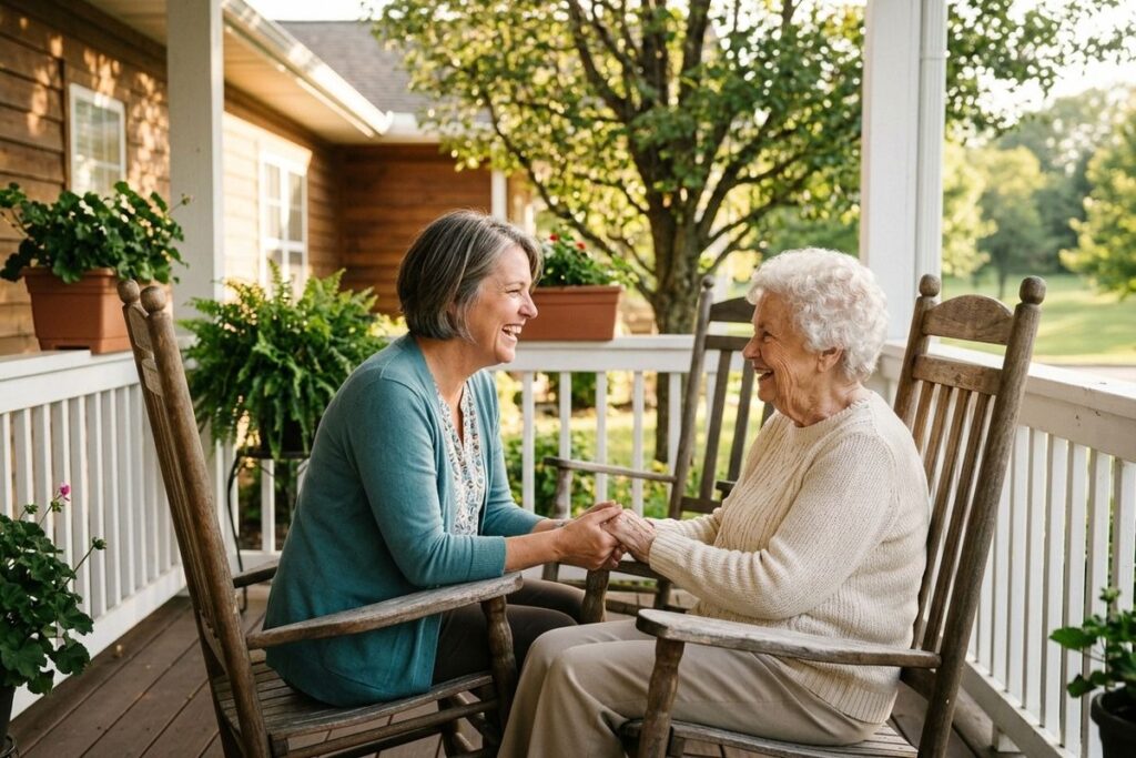Two smiling adults sitting in wooden rocking chairs on a porch, facing each other and holding hands.